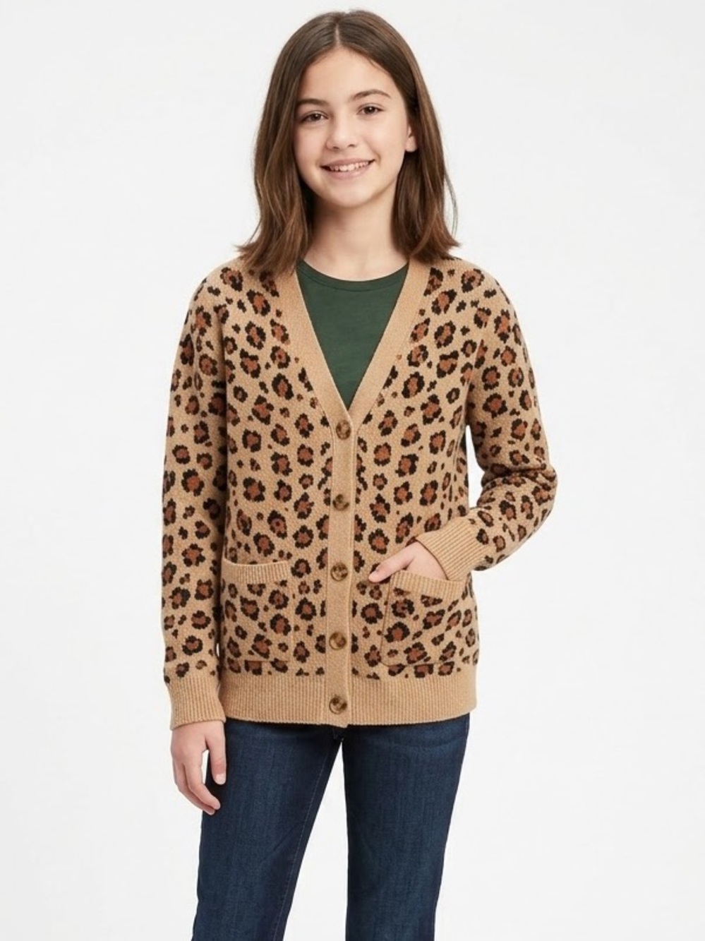 Crewcuts Leopard Print V-Neck Cardigan - Tan, Black, Rust Button up 12-14
